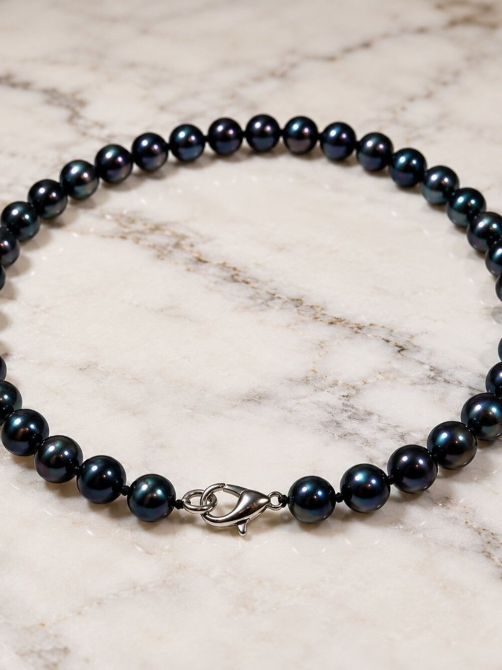 Pearl-53--7–8mm Black Pearl Necklace 17" — Round Cultured Pearls, 33g
